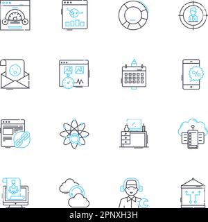 Ensemble d'icônes linéaires de développement de site Web. Codage, conception, optimisation, interface, back-end, Frontend, Debugging line vector et les signes de concept. Cadres Illustration de Vecteur