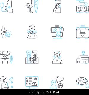 Ensemble d'icônes linéaires de soins pour maladies respiratoires. Asthme, bronchite, MPOC, emphysème, grippe, Pneumonie, vecteur de la rhinite et signes conceptuels. Sinusite Illustration de Vecteur