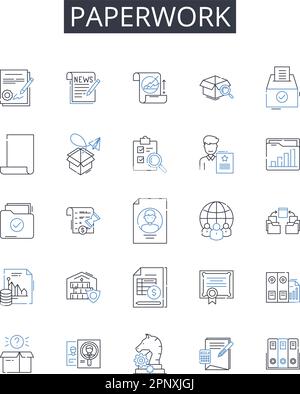 Collection d'icônes de ligne de documents. Documentation, Red tape, tenue des dossiers, formulaires juridiques, documents de procédure, Tâches administratives, documents écrits Illustration de Vecteur