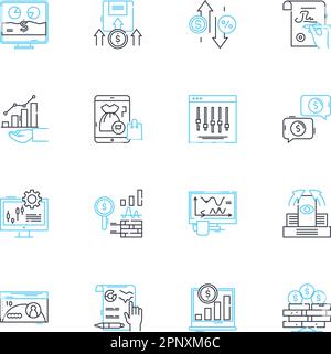 Jeu d'icônes linéaires de stock-commerce. Bullish, bearish, Portfolio, Equity, volatilité, Dividende, vecteur de ligne d'actionnaire et signes de concept. Négociation de jour Illustration de Vecteur