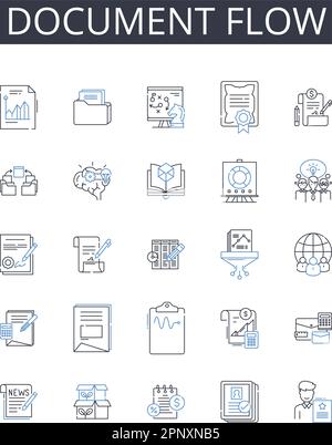 Collection d'icônes de lignes de flux de documents. Gestion des flux de travail, flux d'informations, processus métier, séquence de tâches, organigramme de processus, Pipeline de données Illustration de Vecteur