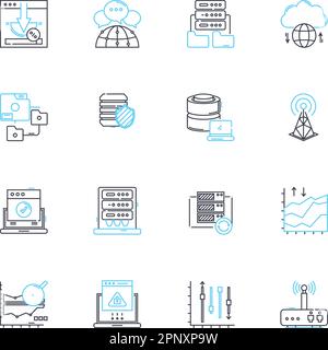 Jeu d'icônes linéaires de marketing mobile. Personnalisation, Geotagargeting, SMS, application, Push, Code QR, vecteur de ligne de fidélité et signes de concept. Cliquez pour appeler, Mobile Illustration de Vecteur