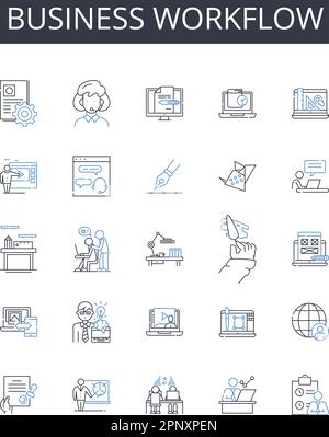 Collection d'icônes de lignes de flux de travail d'entreprise. Processus de travail, route des tâches, procédure de travail, flux de production, cycle des opérations, Séquence d'entretien, opérationnel Illustration de Vecteur