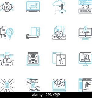 ENSEMBLE d'icônes linéaires de protection INFORMATIQUE. Pare-feu, chiffrement, confidentialité, antivirus, authentification, Biométrie, vecteur de ligne de cybersécurité et signes conceptuels Illustration de Vecteur