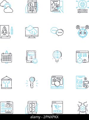 Ensemble d'icônes linéaires de publicité par e-mail. Campagnes, Marketing, sensibilisation, création de listes, Promotions, Engagement, vecteur de ligne analytique et signes de concept Illustration de Vecteur