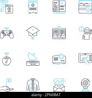 Jeu d'icônes linéaires du télécopieur. Communication, télécopie, technologie, télécommunications, Bureau, Documents, vecteur de ligne de transmission et affiches conceptuelles. Copier Illustration de Vecteur