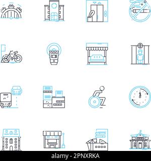 Ensemble d'icônes linéaires de municipalité. Gouvernance, Services, Infrastructure, planification, développement, Croissance, vecteur de ligne de développement durable et signes de concept Illustration de Vecteur