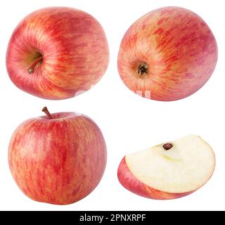 Collecte des pommes. Fruits de pomme rouge avec tranche isolée sur blanc, avec chemin de coupure Banque D'Images