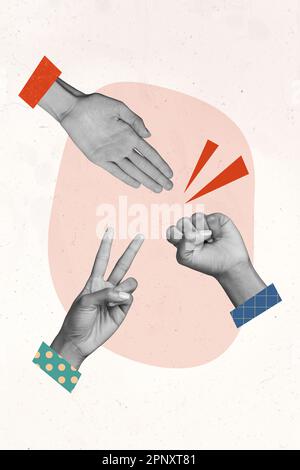 Modèle de magazine image collage de trois gens d'affaires ont la confrontation de réunion jouer main jeu de ciseaux de rock papier Banque D'Images