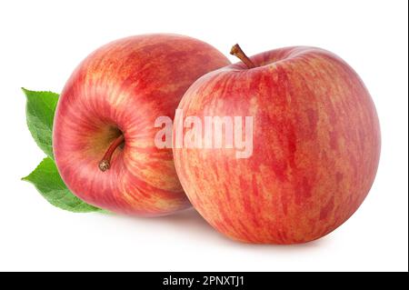 Pommes isolées. Deux pommes rouges avec feuilles isolées sur fond blanc, avec passe-cheveux Banque D'Images