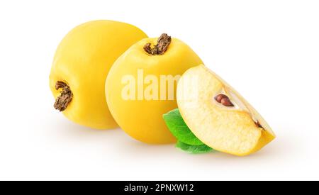 Coing isolé. Deux fruits de coing entiers et un morceau isolé sur fond blanc, avec un chemin d'écrêtage Banque D'Images