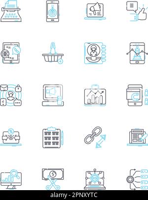 Jeu d'icônes linéaires d'études de marché. Données démographiques, analyses, enquête, consommateurs, tendances, Données, groupes de discussion vecteur de ligne et signes de concept. Informations Illustration de Vecteur
