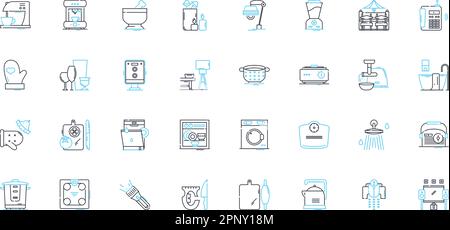 Jeu d'icônes linéaires de galley. Nourriture, cuisine, cuisine, bateaux, eau, Nautique, vecteur de ligne de navigation et signes conceptuels. Cuisine, service, contour culinaire Illustration de Vecteur