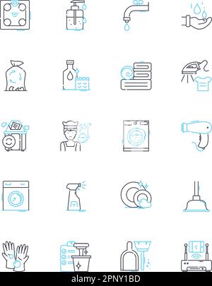 Ensemble d'icônes linéaires de la société de nettoyage. Désinfection, désinfection, rangement, organisation, habillage, Purification, Scrubbing Line vecteur et concept signes Illustration de Vecteur