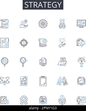 Collection d'icônes de ligne de stratégie. Plan, tactique, approche, Schéma, Plan directeur, Méthode, vecteur de procédure et illustration linéaire. Manœuvre, Agenda, Plan de jeu Illustration de Vecteur