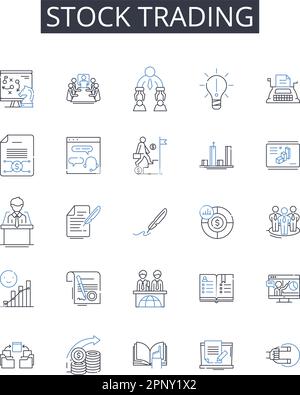 Collection d'icônes de ligne de bourse. Opérations de Forex, fonds communs de placement, opérations de marchandises, banque d'investissement, négociation d'actions, Journée de trading, Portefeuille Illustration de Vecteur