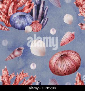 Motif aquarelle sans coutures avec coraux, oursins, coquillages et perles. Peinture à la main des objets de vie sous-marins de clipart sur un fond blanc isolé. Pour Banque D'Images