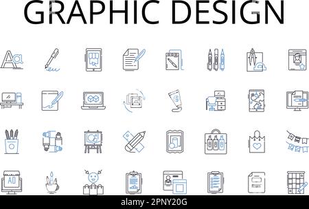 Collection d'icônes de ligne de conception graphique. Développement Web, conception de jeux, gestion des marques, art numérique, médias sociaux, Expérience utilisateur, stratégie publicitaire Illustration de Vecteur