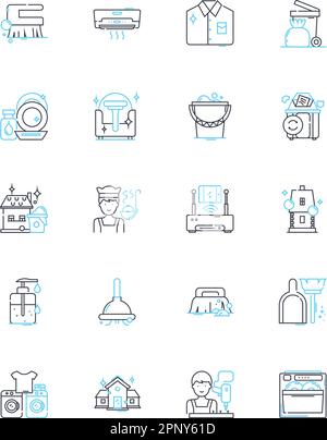 Ensemble d'icônes linéaires de mise en place. Propreté, Organisation, Neatness, ordre, Declutter, Balayage, vecteur de ligne de nettoyage et signes de concept. Purger,Trier,organiser Illustration de Vecteur