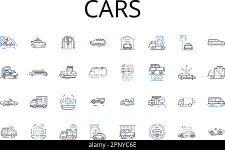 Collection d'icônes de la gamme de voitures. Bateaux, fourgonnettes, avions, camions, cycles, Bus, wagons vecteur et illustration linéaire. Jeeps, traîneaux, aéroglisseurs contours des signes Illustration de Vecteur