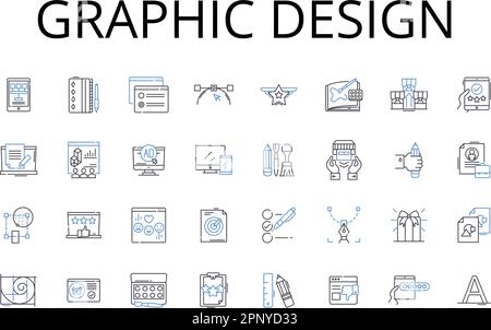 Collection d'icônes de ligne de conception graphique. Développement Web, conception de jeux, gestion des marques, art numérique, médias sociaux, Expérience utilisateur, stratégie publicitaire Illustration de Vecteur