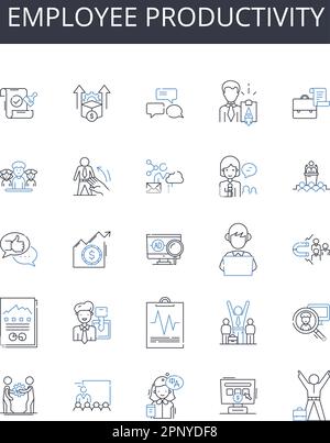 Collection d'icônes de ligne de productivité des employés. Satisfaction au travail, efficacité au travail, production de main-d'œuvre, efficacité du personnel, potentiel de rendement, Personnel Illustration de Vecteur