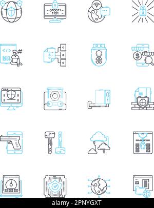 ENSEMBLE d'icônes linéaires de protection INFORMATIQUE. Pare-feu, chiffrement, confidentialité, antivirus, authentification, Biométrie, vecteur de ligne de cybersécurité et signes conceptuels Illustration de Vecteur