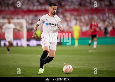 Séville, Espagne. 20th avril 2023. Suso (7) du FC Sevilla vu lors du match de l'UEFA Europa League entre le FC Sevilla et Manchester United à l'Estadio Ramon Sanchez Pizjuan à Séville. (Crédit photo : Gonzales photo/Alamy Live News Banque D'Images