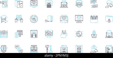 ENSEMBLE d'icônes linéaires de protection INFORMATIQUE. Pare-feu, chiffrement, confidentialité, antivirus, authentification, Biométrie, vecteur de ligne de cybersécurité et signes conceptuels Illustration de Vecteur
