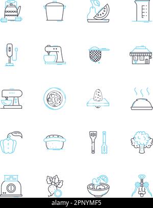 Ensemble d'icônes linéaires de restauration. Cuisine, hors-d'œuvre, service, buffet, plats, Panneaux de réception, de vecteur de ligne Gourmet et de concept. Chef, serveuses, canap Illustration de Vecteur
