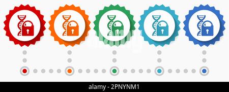 ADN, jeu d'icônes vectorielles pour la recherche génétique, modèle d'infographie coloré, jeu d'icônes de badge à motif plat en 5 couleurs Illustration de Vecteur