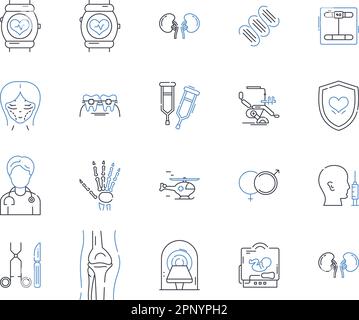 Collection d'icônes de ligne de balayage de densité B. Radiologie, densité, B, acquisition, ostéoporose, Illustration basse, haute et linéaire. T-score,Z-score,fracture Illustration de Vecteur