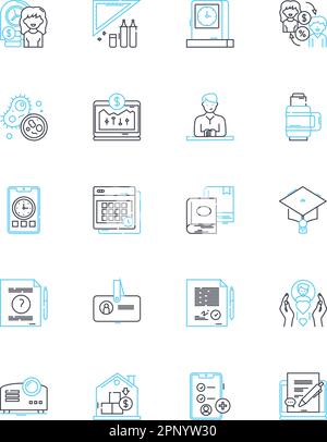 Ensemble d'icônes linéaires de l'espace de travail. Bureau, armoire, collègues, collaboration, productivité, Bureau, panneaux vectoriels et de concept pour la salle du personnel. Zoom,Réunion Illustration de Vecteur