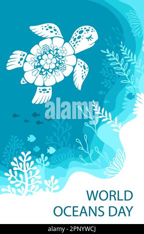 Image stylisée décorative d'une tortue de mer et d'une vie sous-marine. Journée mondiale des océans Illustration de Vecteur