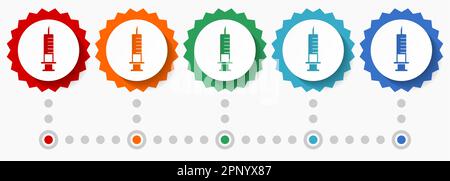 Seringue, jeu d'icônes de vecteur d'injection, modèle d'infographie coloré, jeu d'icônes de badge à motif plat dans 5 options de couleur Illustration de Vecteur