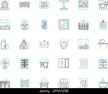 Tableau icônes linéaires ensemble. Bureau, Meubles, surface, poste de travail, salle à manger, Café, vecteur de ligne latérale et signes de concept. Console,fin,plan de pique-nique Illustration de Vecteur