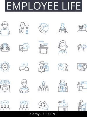 Collection d'icônes de la ligne de vie des employés. Sécurité de l'emploi, bien-être de l'espace de travail, Carrières, culture du travail, relations de travail, Conditions de travail, capital humain Illustration de Vecteur