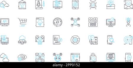 Jeu d'icônes linéaires de publicité sociale. Promotions, campagnes, parrainage, promotion, médias sociaux, Marquage, vecteur de ligne de marketing et signes de concept Illustration de Vecteur