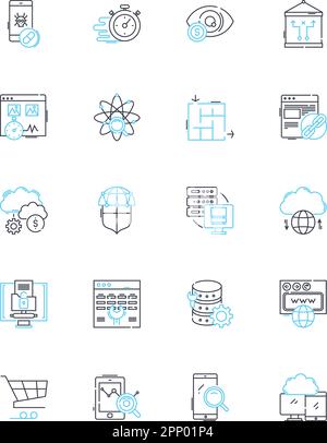 Ensemble d'icônes linéaires de développement de site Web. Codage, conception, optimisation, interface, back-end, Frontend, Debugging line vector et les signes de concept. Cadres Illustration de Vecteur