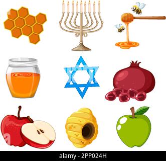 Illustration des objets et des éléments de Rosh Hashanah Illustration de Vecteur