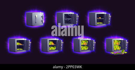 Ensemble de boîtes de sûreté de dessin animé avec de l'argent isolé sur fond noir. Illustration vectorielle d'une voûte métallique lumineuse au néon avec porte ouverte fermée, toile d'araignée i Illustration de Vecteur