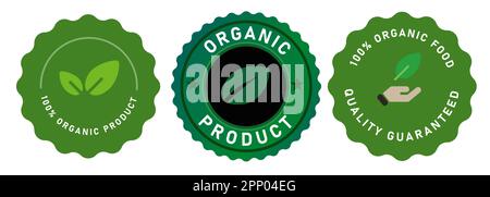 Produit biologique badge timbre étiquette autocollant vecteur design feuille à la main Illustration de Vecteur