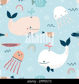 Motif puéril sans coutures avec animaux de la mer et de l'océan. Jolie faune marine sous-marine avec baleines, méduses et autres oiseaux aquatiques sous-marins. Illustration de Vecteur