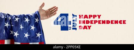 Main masculine avec drapeau américain introduisant le jour de l'indépendance de l'amérique. Collage d'art contemporain. Bannière Banque D'Images