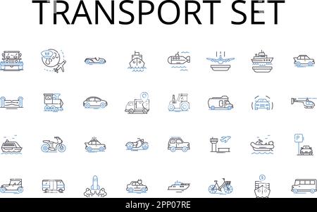 Collection d'icônes de ligne de consigne de transport. Kit santé, sac de voyage, pack divertissement, papeterie de bureau, ustensiles de cuisine, Matériel de fitness, fournitures artistiques Illustration de Vecteur