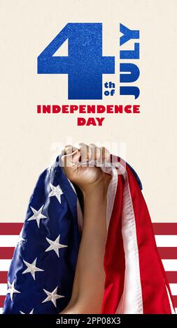 Main masculine, poing levant avec le drapeau américain. Célébration de la journée de l'indépendance des états-unis. Collage d'art contemporain. Disposition verticale. Banque D'Images