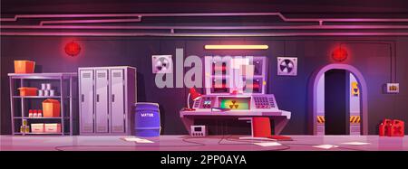 Bunker de dessin animé avec avertissement de risque de rayonnement. Illustration vectorielle d'un laboratoire secret avec signal d'alarme de danger sur écran d'ordinateur, papiers sur le sol, nourriture et Illustration de Vecteur