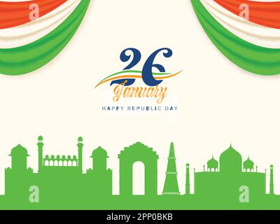 26th janvier, Republic Day concept avec Green Silhouette India célèbre Monument et Tricolor Rideau Border ou Corner on White Background. Illustration de Vecteur