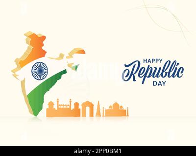 Happy Republic Day concept avec 3D India Map in National Flag and Silhouette India célèbre Monument on White Background. Illustration de Vecteur