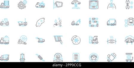 Jeu d'icônes linéaires de l'industrie du service automatique. Mécanique, réparations, entretien, diagnostic, alignement, Huile, pneus, vecteur de gamme et signes conceptuels. Freins Illustration de Vecteur